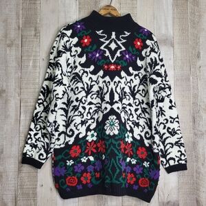 Black & White Floral Thick Sweater with Red, Green & Purple Accents. Size Large.